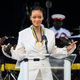 Rihanna Fenty speaks after becoming Barbados 11th National Hero during the National Honors ceremony and Independence Day Parade at Golden Square Freedom Park in Bridgetown, Barbados, on November 30, 2021.